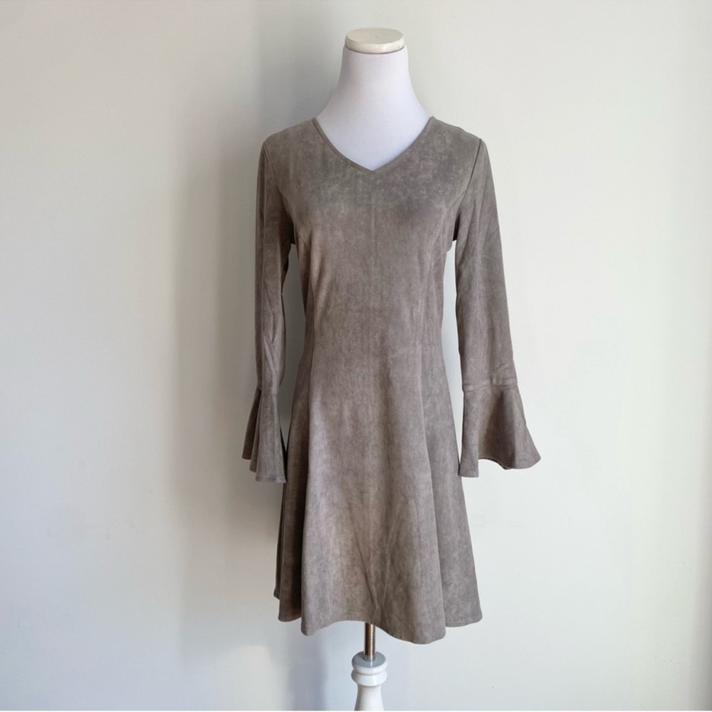 Aryeh Grey Faux Suede 3/4 Bell Sleeves Fit & Flare Mini Dress